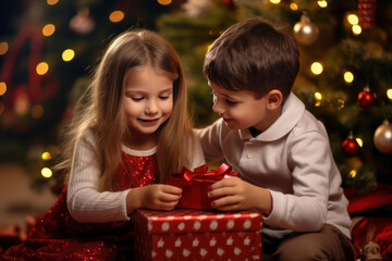 Fototapeta na wymiar Happy children opening gift boxes under decorated Christmas fir tree on background. Cheerful sister and brother with xmas presents. Winter holidays concept