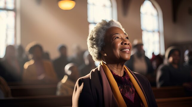 an African American female pastor in her 50s. diverse congregation inside a rustic church. warmly lit. generative AI