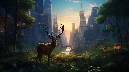 Urban Jungle: A cityscape of New York City, with hidden wildlife like eagles and deer