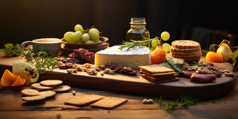 Obraz na płótnie Canvas vegan charcuterie board featuring seitan, olives, and vegan cheeses, surrounded by artisan crackers, rustic wood background