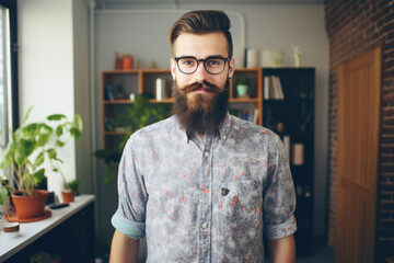 Confident and smiling handsome hipster man standing in office environment at home