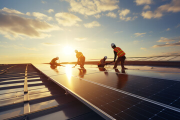 Technician works with solar panels in a field against a sunset background. The concept of environment, renewable sources, power generation, alternative energy and ecology.