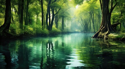 water beauty lake forest landscape illustration beautiful trees, outdoor tranquil, summer green water beauty lake forest landscape - obrazy, fototapety, plakaty