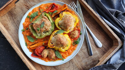 Stuffed bell peppers with couscous and beef meat. Top view