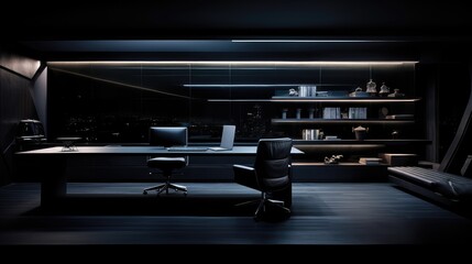 sophisticated room office black background illustration design 3d, meeting empty, business work sophisticated room office black background