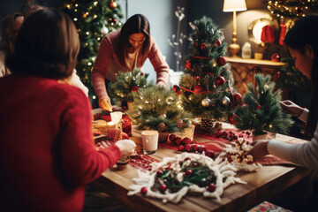 Group of people, family, celebration and holidays concept. Family making paper Christmas tree decoration at home