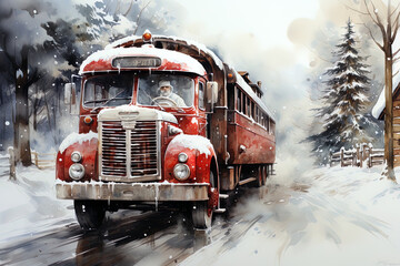 Watercolor fabulous Christmas landscape with Santa Claus truck on the background of a winter forest. Ai art