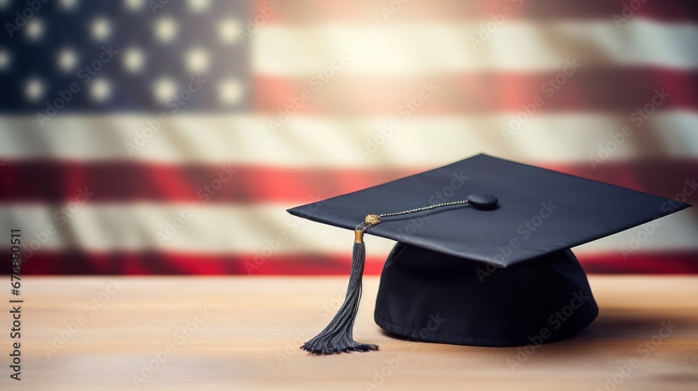 Wall mural Graduation cap on a table in front of an american flag, AI - Wall murals