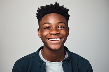 Handsome African American teenage boy with short hair, wide smile, looking at camera, on gray background