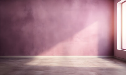 empty lavender room with sunlight coming in casting onto the background wall from a window at side of frame