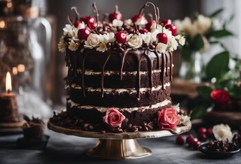 Obraz na płótnie Canvas Intricate highly detailed Black Forest cake two tiered with chocolate decor and flowers