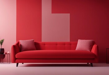 Red sofa or couch and a side table on solid red background banner brigt color and energetic interior