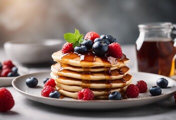 Stack of fluffy pancakes topped with berries and maple syrup