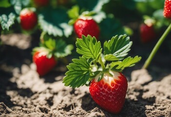 Strawberry plant with ripe red strawberries outside on sunny day in an orchard