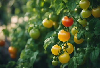Tomato plant in the garden with yellow and green tomatoes on a vine