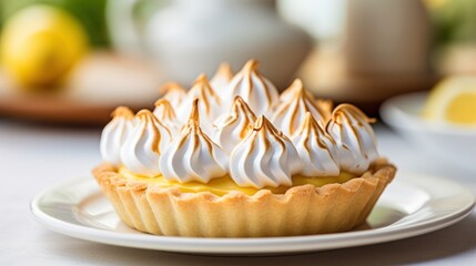 Lemon meringue pie on a plate, AI. National Pie Day.