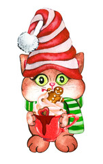 Christmas Cat. Christmas Hot Drink.  Merry Christmas. Watercolor Illustration