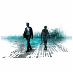 A CIO and an IT advisor are depicted in a 2D image, navigating a digital evolution roadmap with black, white, and teal color schemes. - obrazy, fototapety, plakaty