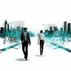 A 2D image illustrating a Chief Information Officer (CIO) walking alongside an IT advisor through a digital evolution roadmap, presented in black, white, and teal colors.
