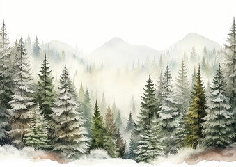 Snowy pine forest watercolor