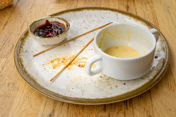 Dirty Plate, Dirty Dishes, Empty Bowl after Dinner, Finished Lunch with Skewers Barbecue Leftovers