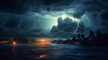 Dark mysterious monsoon cyclone storm clouds and multiple bolts of lightning. Tranquil eye of the storm above tropical Ocean at night. Conceptual establishing shot of powerful hurricane weather. - obrazy, fototapety, plakaty