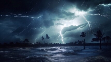 Naklejka na ściany i meble Dark mysterious monsoon cyclone storm clouds and multiple bolts of lightning. Tranquil eye of the storm above tropical Ocean at night. Conceptual establishing shot of powerful hurricane weather.
