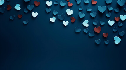 Illustration of several hearts form a constellation of emotions on a dark blue surface. Image with blue hearts in romantic scene and copy space in visual composition.
