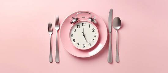 Top view alarm clock on white plate with knife and fork on blue background. Intermittent fasting, Ketogenic dieting, weight loss, meal plan and healthy food concept - obrazy, fototapety, plakaty