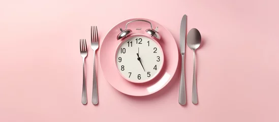 Deurstickers Top view alarm clock on white plate with knife and fork on blue background. Intermittent fasting, Ketogenic dieting, weight loss, meal plan and healthy food concept © ANIS