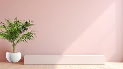 Empty soft interior with palm leaves plant. Modern 3d living room, office or gallery with shadows and sunlight from the window on the wall. Realistic illustration wall mockup design for background
