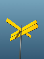 Yellow street sign or direction sign isolated on sky background. Template or mockup