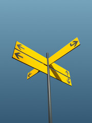 Yellow street sign or direction sign isolated on sky background. Template or mockup