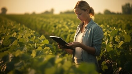 A soybean field scene featuring a female farmer using a tablet.
