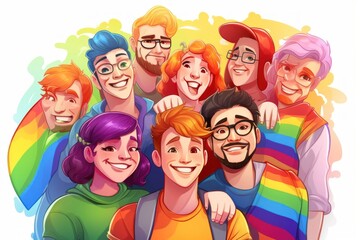 Diversity in Society concept. LGBT and LGBTQ rainbow in bright design. Rainbow flag for lgbtq community, freedom and smiles, pride parade. Group or young non-binary people, gay, trans and queer.