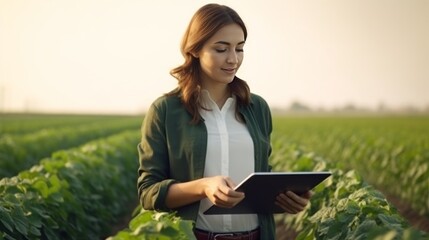 Female farmer holding a tablet in the center of a soybean field.