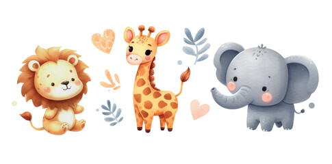 Cute cartoon baby animals: Lion, Giraffe and Elephant. Isolated on a white background. Watercolor drawing - obrazy, fototapety, plakaty
