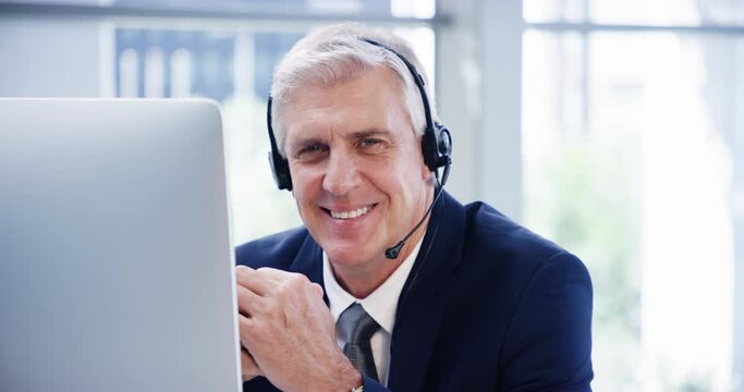 Call center, laptop and face of man in office for customer service, CRM advisory and telecom questions. Portrait of happy senior salesman at computer for IT support, telemarketing and FAQ consulting