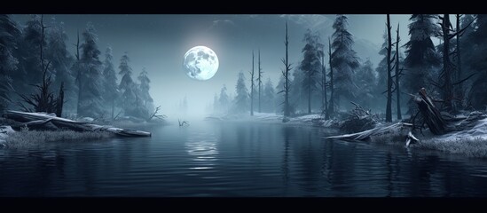 Dark cold futuristic forest. Dramatic scene with trees, big moon, moonlight. Smoke, shadow, smog, snow. Night forest landscape reflection in the river, sea, ocean. 3D illustration