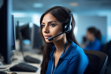 In an office environment, a Latin woman call center agent, in a blue polo shirt, is actively engaged in a telephone conversation.