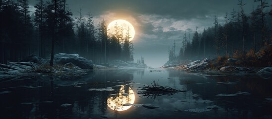 Dark cold futuristic forest. Dramatic scene with trees, big moon, moonlight. Smoke, shadow, smog, snow. Night forest landscape reflection in the river, sea, ocean. 3D illustration