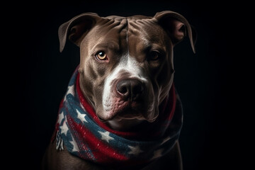 A patriotic pitbull proudly wears an American flag scarf in this heartwarming portrait. Ai generated