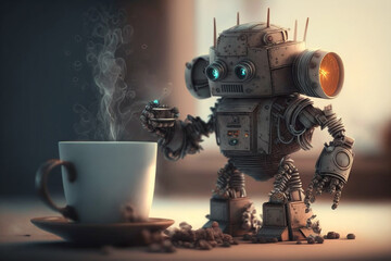 Funny illustration featuring a robot enjoying a steaming cup of coffee or tea. Ai generated