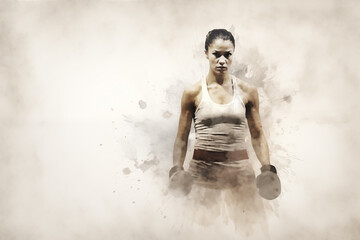 Boxing sport woman, female boxer posing painting white illustration - obrazy, fototapety, plakaty