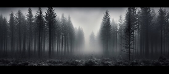 Night mysterious panoramic landscape in cold tones - silhouettes of the spruce forest under the full moon and dramatic night sky.
