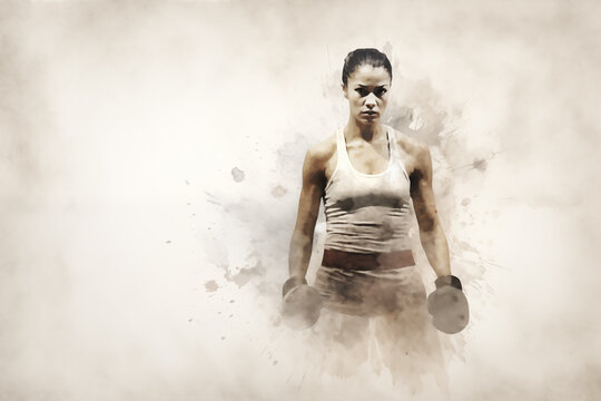 Boxing sport woman, female boxer posing painting white illustration
