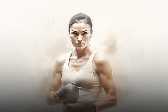 Boxing sport woman, female boxer posing painting white illustration