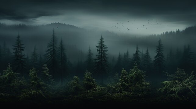Night mysterious panoramic landscape in cold tones - silhouettes of the spruce forest under the full moon and dramatic night sky. © ANIS