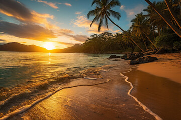 Experience the breathtaking beauty of a tropical island sunrise or sunset, casting a warm glow over palm tree shore. Ai generated