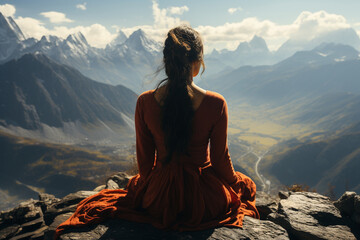 Find serenity as you witness a beautiful woman meditating in a yoga pose on top of a majestic mountain. Ai generated - obrazy, fototapety, plakaty